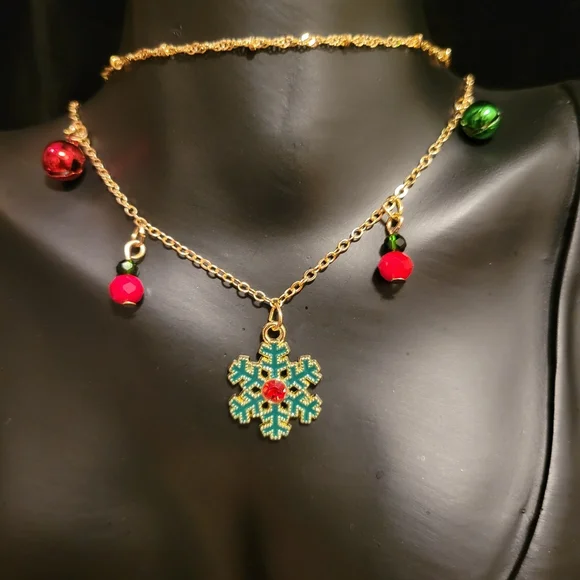 2/$20 X-Mas Snowflake & Bells Dangle Necklace - Picture 1 of 5